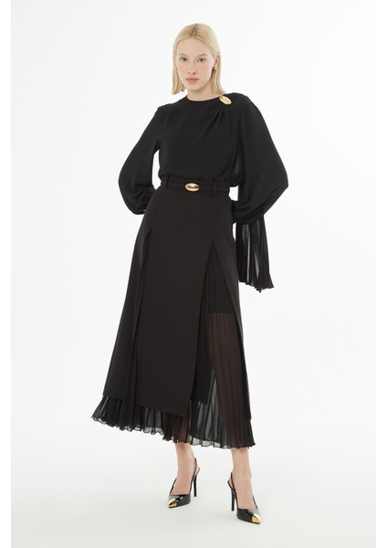 Kemerli Pliseli Midi Boy Etek modelleri