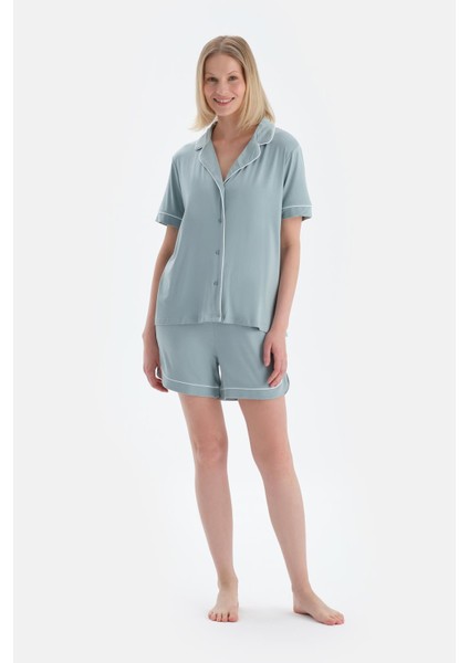 Su Yeşili Biye Detaylı Kısa Kollu Gömlek Şort Pijama Takımı