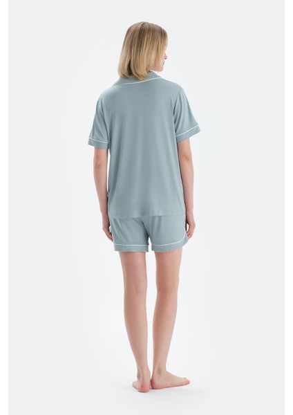 Su Yeşili Biye Detaylı Kısa Kollu Gömlek Şort Pijama Takımı fiyatları
