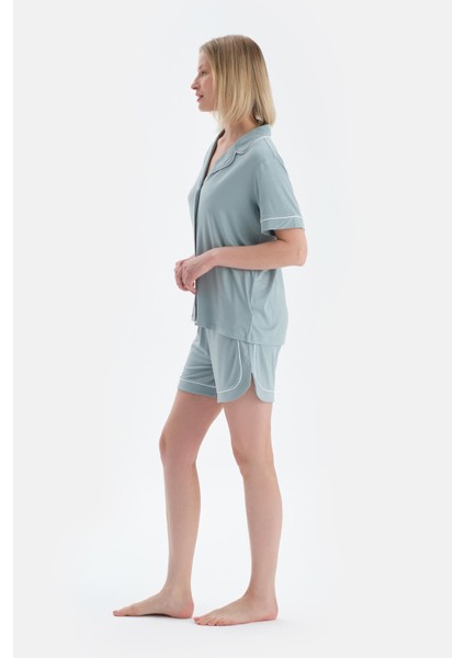 Su Yeşili Biye Detaylı Kısa Kollu Gömlek Şort Pijama Takımı modelleri