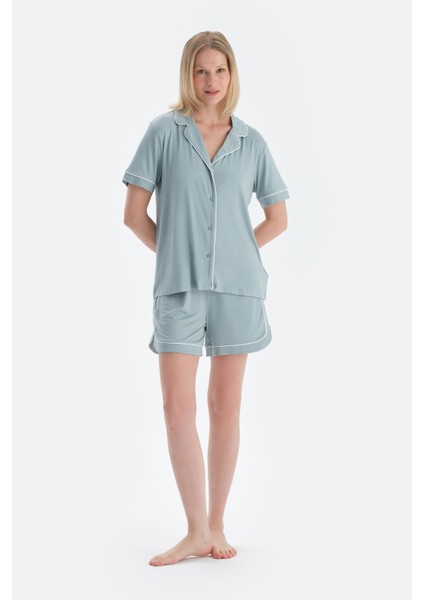 Su Yeşili Biye Detaylı Kısa Kollu Gömlek Şort Pijama Takımı fırsatları