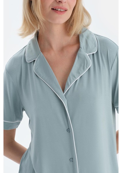 Su Yeşili Biye Detaylı Kısa Kollu Gömlek Şort Pijama Takımı indirimleri