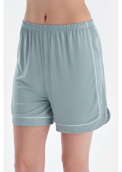 Su Yeşili Biye Detaylı Kısa Kollu Gömlek Şort Pijama Takımı