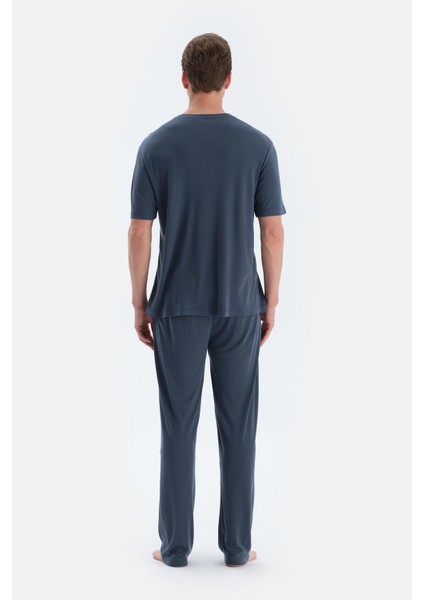 Indigo Pat ve Fleto Cep Detaylı Tişört Pantolon Pijama Takımı fiyatları