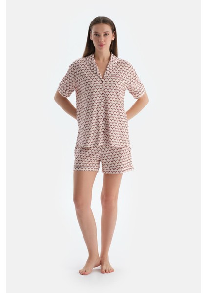 Açık Pembe Metraj Baskılı Penye Modal Gömlek Şort Pijama Takımı fırsatları