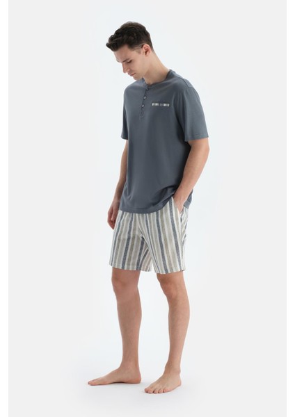 Indigo Pat ve Fleto Cep Detaylı Tişört Şort Pijama Takımı modelleri