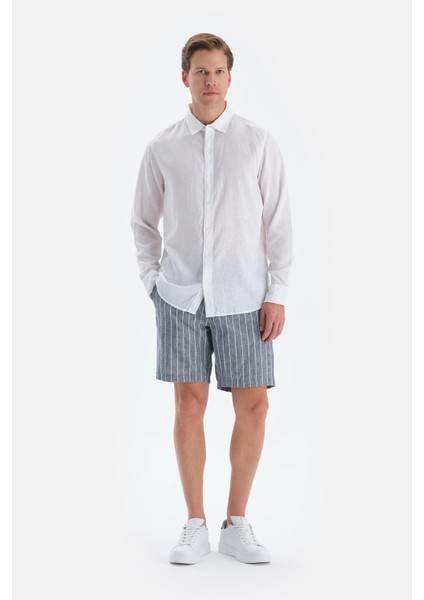 Indigo Çizgili Keten Şort