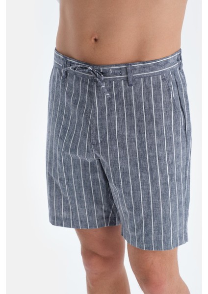 Indigo Çizgili Keten Şort indirimleri