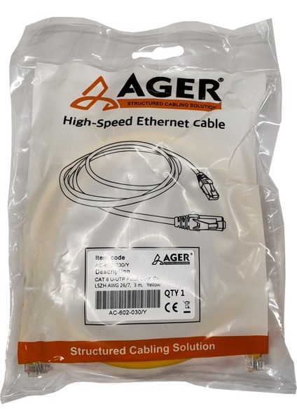 AC-602-030 3 mt Utp Cat6 Patch Kablo Sarı Cu, Lszh Awg 26/7 fiyatları
