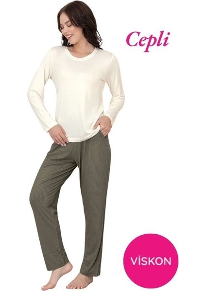 Kadın Bisiklet Yaka Düğmesiz Viskon Mevsimlik Uzun Kol Cepli Pijama Takımı