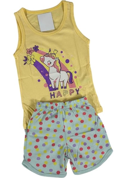 Minykids Unicorn Desen Sarı Askılı Şortlu %100 Pamuklu Kız Çocuk Pijama Takım