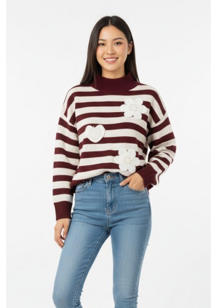 Bordo Çizgili İşleme Detaylı Kazak 7090