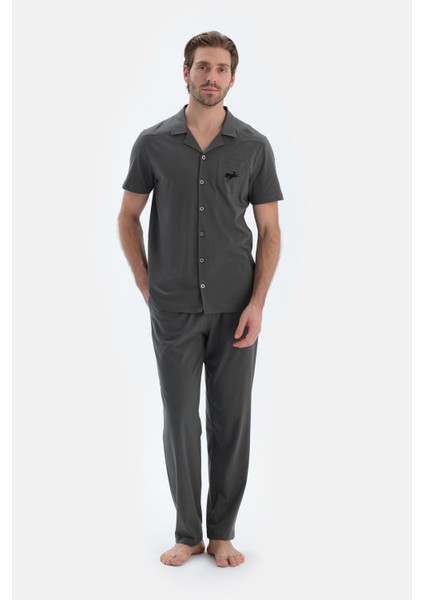 Gri Kısa Kollu Dikiş Detaylı Gömlek Pantolon Pijama Takımı fırsatları