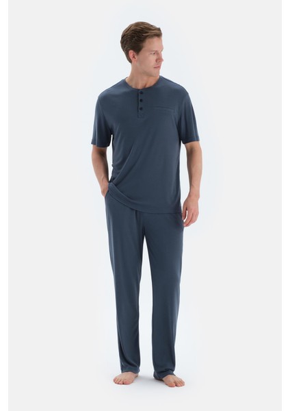 Indigo Pat ve Fleto Cep Detaylı Tişört Pantolon Pijama Takımı