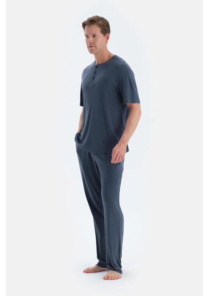 Indigo Pat ve Fleto Cep Detaylı Tişört Pantolon Pijama Takımı modelleri