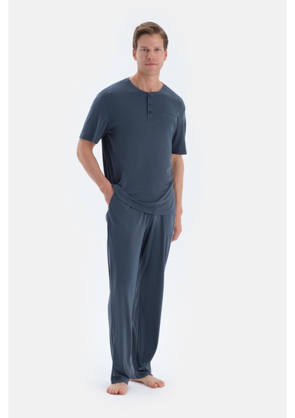 Indigo Pat ve Fleto Cep Detaylı Tişört Pantolon Pijama Takımı fırsatları