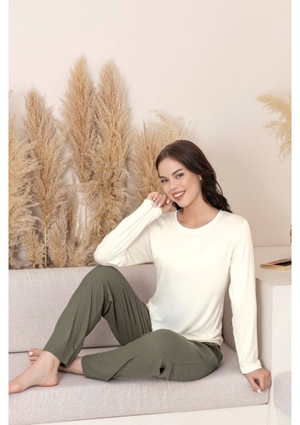 Kadın Bisiklet Yaka Düğmesiz Viskon Mevsimlik Uzun Kol Cepli Pijama Takımı modelleri