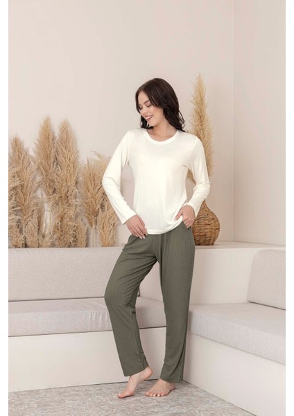 Kadın Bisiklet Yaka Düğmesiz Viskon Mevsimlik Uzun Kol Cepli Pijama Takımı fırsatları