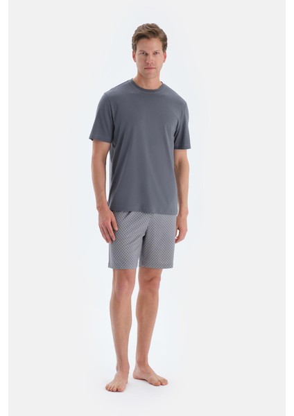 Indigo Baskı ve Dikiş Detaylı Tişört Şort Pijama Takımı