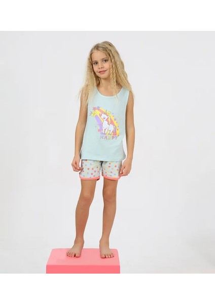 Minykids Unicorn Desen Yeşil Askılı Şortlu %100 Pamuklu Kız Çocuk Pijama Takım