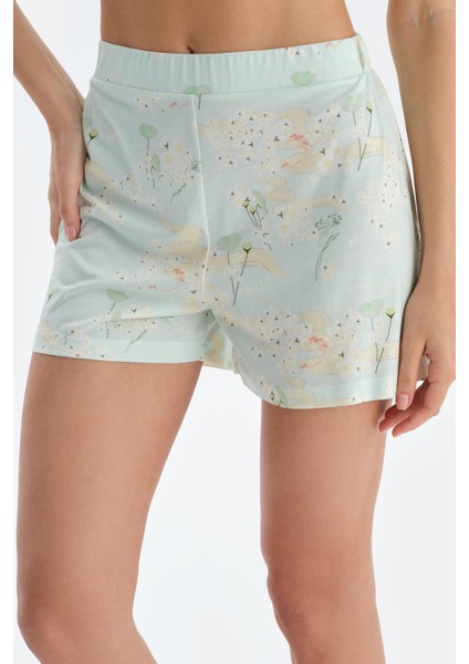 Açık Yeşil Çiçek Baskılı Penye Modal Gömlek Şort Pijama Takımı