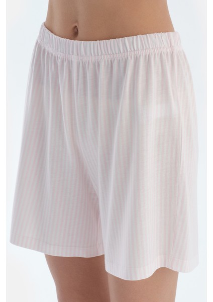 Açık Pembe Nakış Detaylı Çizgili Penye Modal Gömlek Şort Pijama Takımı