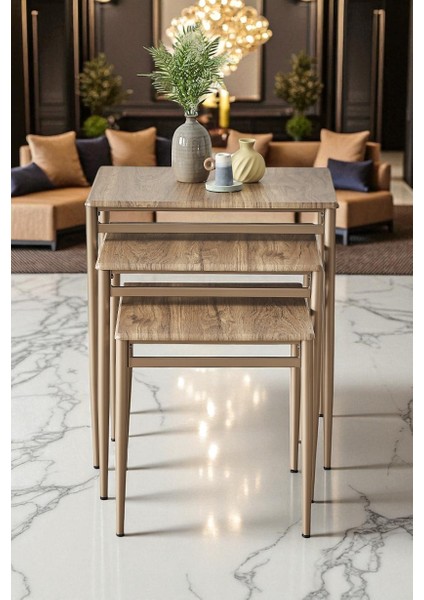 Damrin Serisi Ceviz Desen 1. Sınıf Mebran Mdf 3’lü Zigon Sehpa Takımı - Bronz Ayak