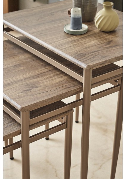 Damrin Serisi Ceviz Desen 1. Sınıf Mebran Mdf 3’lü Zigon Sehpa Takımı - Bronz Ayak fırsatları