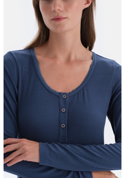 Indigo Ribli Kaşkorse Yuvarlak Yaka Örme Pijama Takımı fırsatları