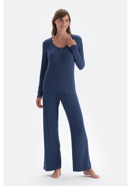 Indigo Ribli Kaşkorse Yuvarlak Yaka Örme Pijama Takımı
