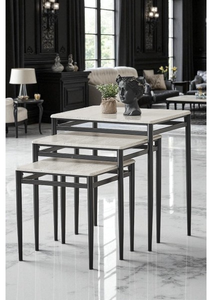 Damrin Serisi Traverten Desen 1. Sınıf Mebran Mdf 3’lü Zigon Sehpa Takımı