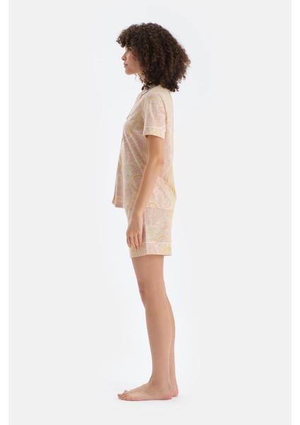 Turuncu Şal Desenli Penye Modal Gömlek Şort Pijama Takımı modelleri
