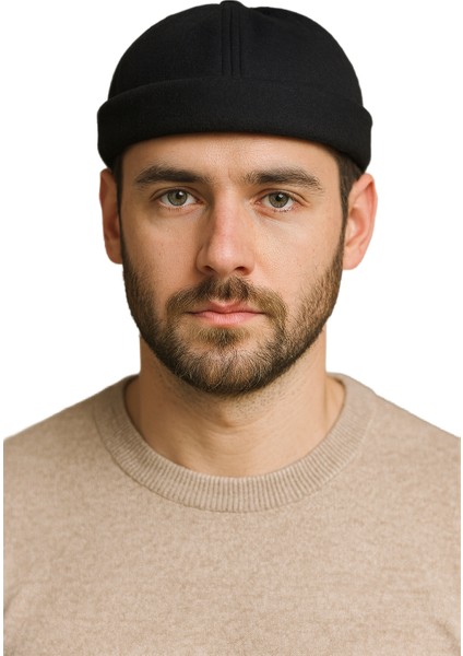 Siyah Erkek Kışlık Yünlü Kumaş Sokak Modası Docker Bere Şapka