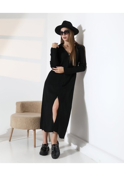 Fermuar Detaylı Polo Yaka Triko Elbise