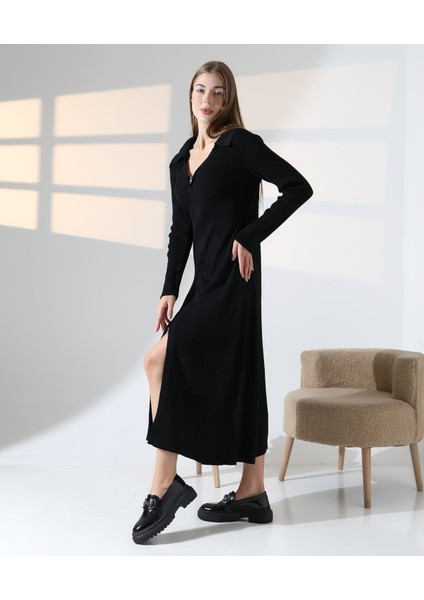 Fermuar Detaylı Polo Yaka Triko Elbise fiyatları