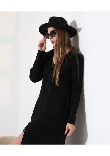 Fermuar Detaylı Polo Yaka Triko Elbise modelleri