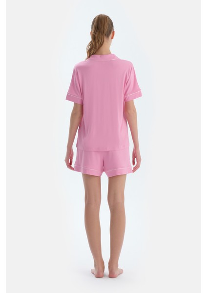 Pembe Biye ve Nakış Detaylı Viskon Gömlek Şort Pijama Takımı fiyatları