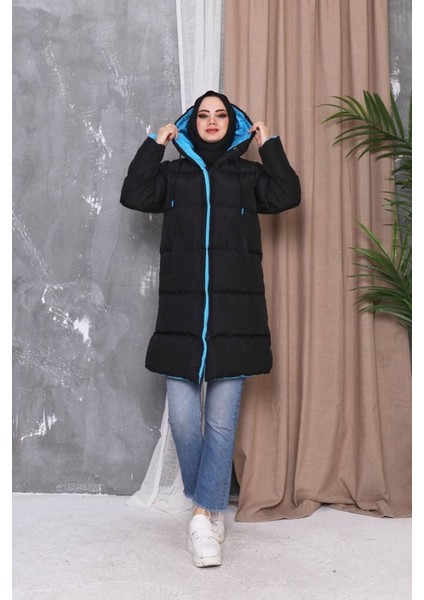 Kadın Siyah Astarlı Elyaflı Kapüşonlu Rüzgar Geçirmez Uzun Şişme Kışlık Mont