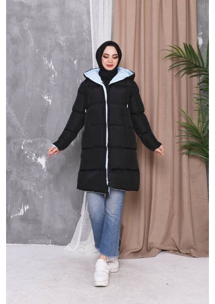 Kadın Siyah Astarlı Elyaflı Kapüşonlu Rüzgar Geçirmez Uzun Şişme Kışlık Mont fiyatları