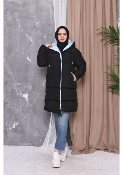 Kadın Siyah Astarlı Elyaflı Kapüşonlu Rüzgar Geçirmez Uzun Şişme Kışlık Mont modelleri
