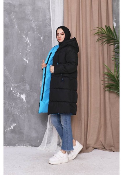 Kadın Siyah Astarlı Elyaflı Kapüşonlu Rüzgar Geçirmez Uzun Şişme Kışlık Mont fırsatları