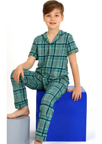 Minykids Kare Desen Yeşil Kısa Kollu Önden Düğmeli %100 Pamuklu Erkek Çocuk Pijama Takım