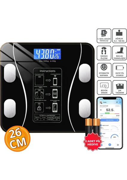 TF-1075 Dijital Baskül Yağ Ölçer Fonksiyonlu Akıllı Baskül Bluetooth Tartı