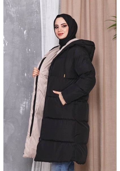 Kadın Siyah Astarlı Elyaflı Kapüşonlu Rüzgar Geçirmez Uzun Şişme Kışlık Mont