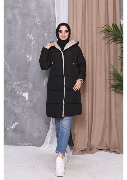 Kadın Siyah Astarlı Elyaflı Kapüşonlu Rüzgar Geçirmez Uzun Şişme Kışlık Mont fiyatları
