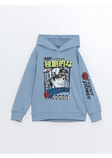 Lcw Kids Mavi Rahat Kalıp Kapüşonlu Baskılı Erkek Çocuk Sweatshirt