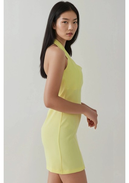 Kadın Kare Yaka Fitted Dokuma Mini Elbise Limon Sarısı