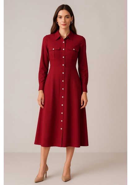 Kadın Bordo Cepli Midi Gömlek Elbise