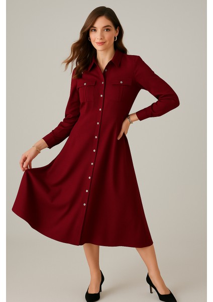 Kadın Bordo Cepli Midi Gömlek Elbise fiyatları
