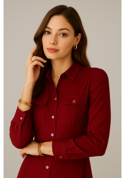 Kadın Bordo Cepli Midi Gömlek Elbise modelleri